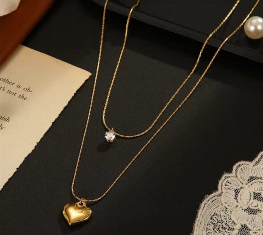 Crystal heart double layer necklace