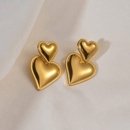Gold Plated double heart shaped drop earrings