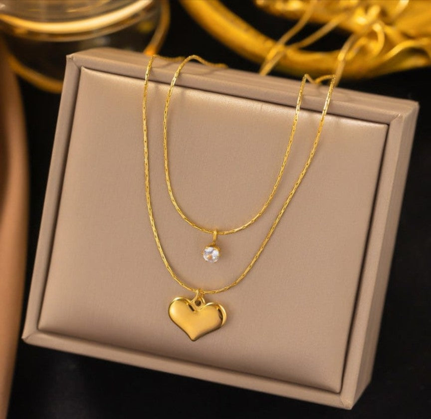 Crystal heart double layer necklace