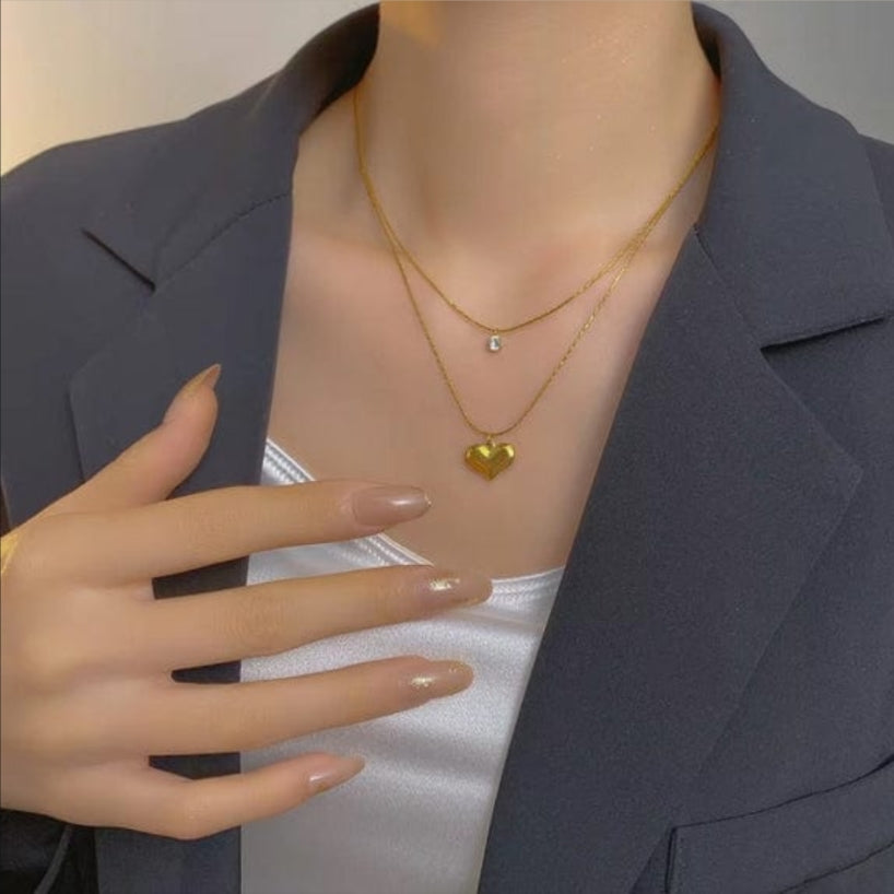 Crystal heart double layer necklace
