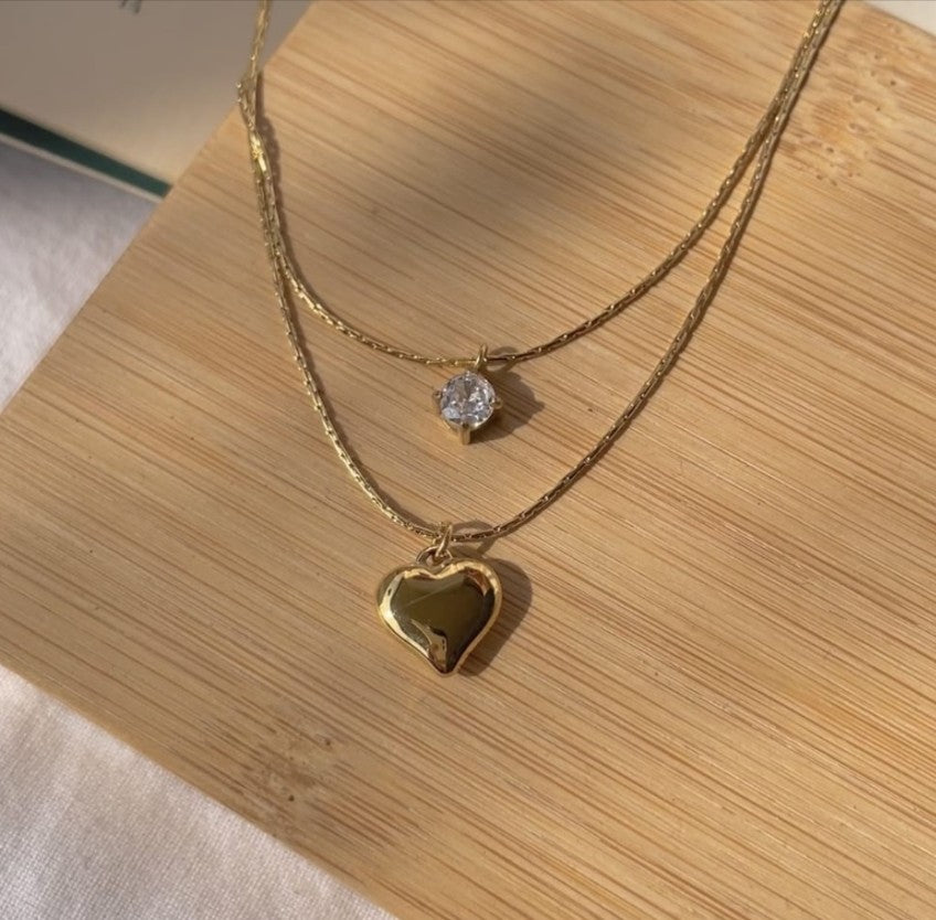 Crystal heart double layer necklace
