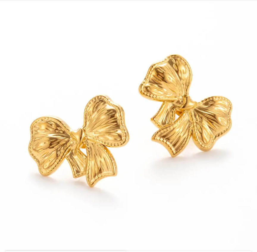 Gold plated ribbon bow stud earrings