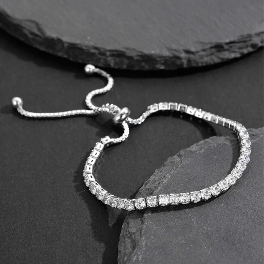 Silver Plated Round Cut Cubic Zirconia Adjustable Bracelet