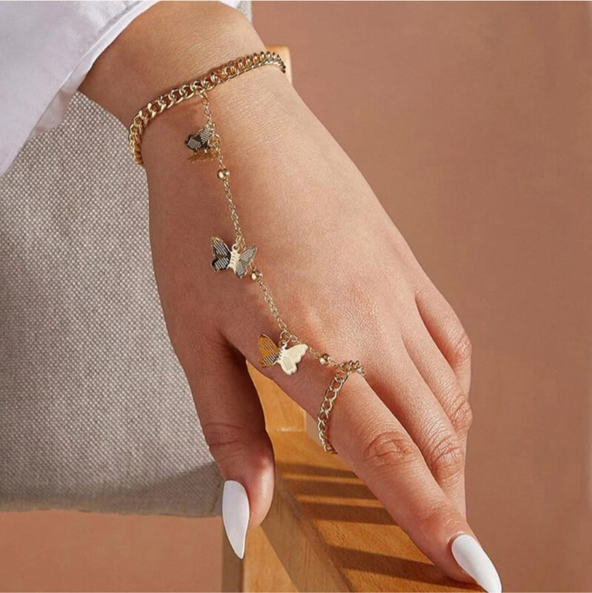 Gold Plated Long Chain Butterfly Shaped Ring Bracelet