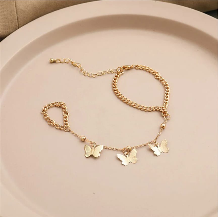 Gold Plated Long Chain Butterfly Shaped Ring Bracelet