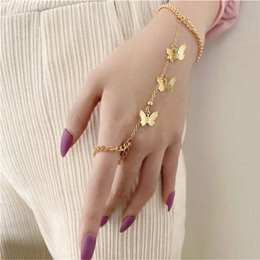 Gold Plated Long Chain Butterfly Shaped Ring Bracelet