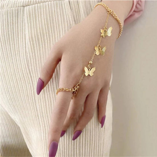 Gold Plated Long Chain Butterfly Shaped Ring Bracelet