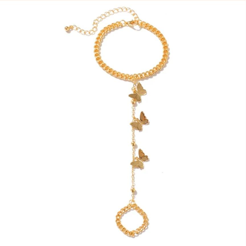 Gold Plated Long Chain Butterfly Shaped Ring Bracelet