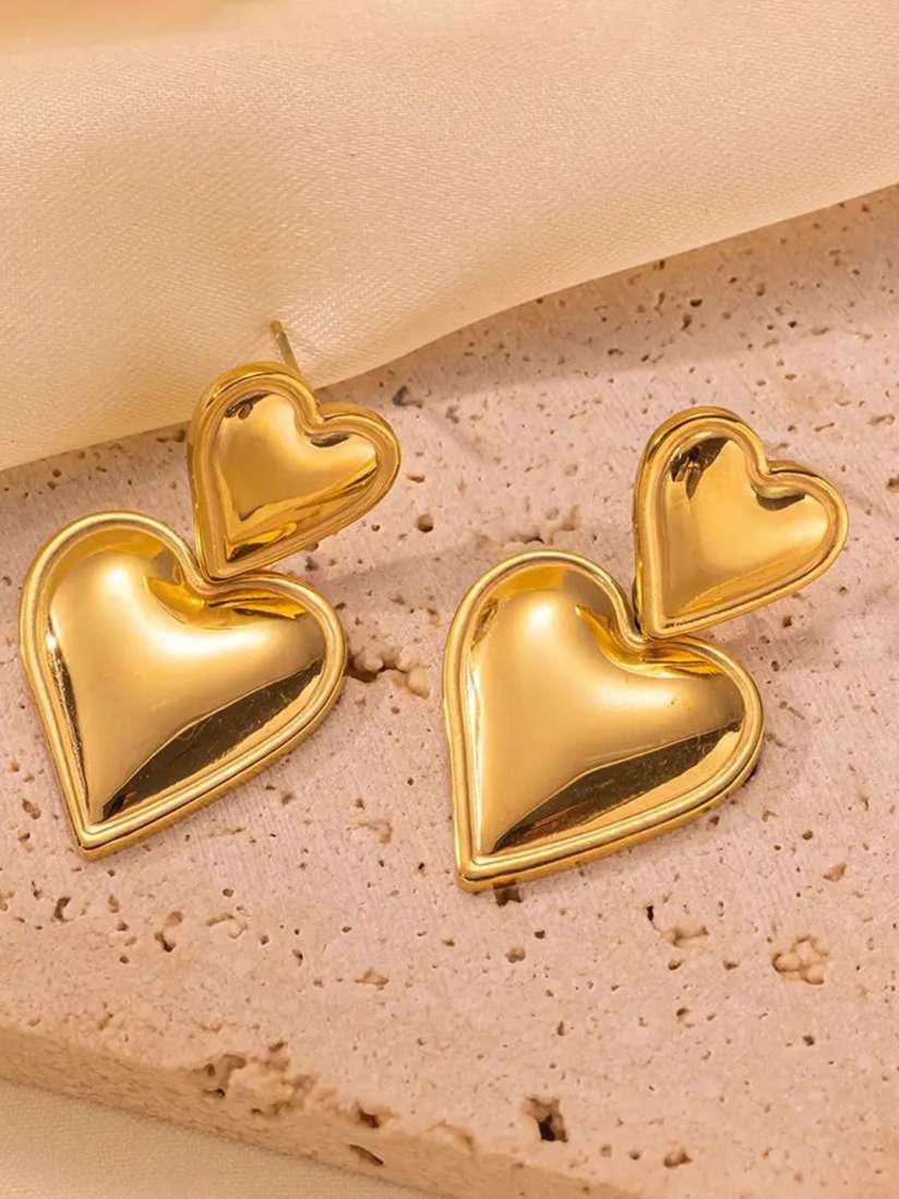 Gold Plated double heart shaped drop earrings
