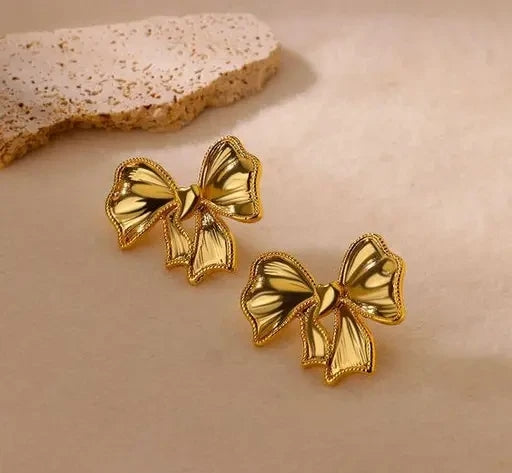 Gold plated ribbon bow stud earrings