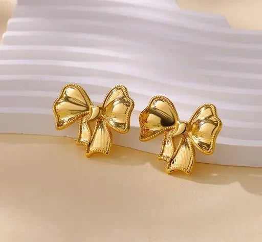 Gold plated ribbon bow stud earrings